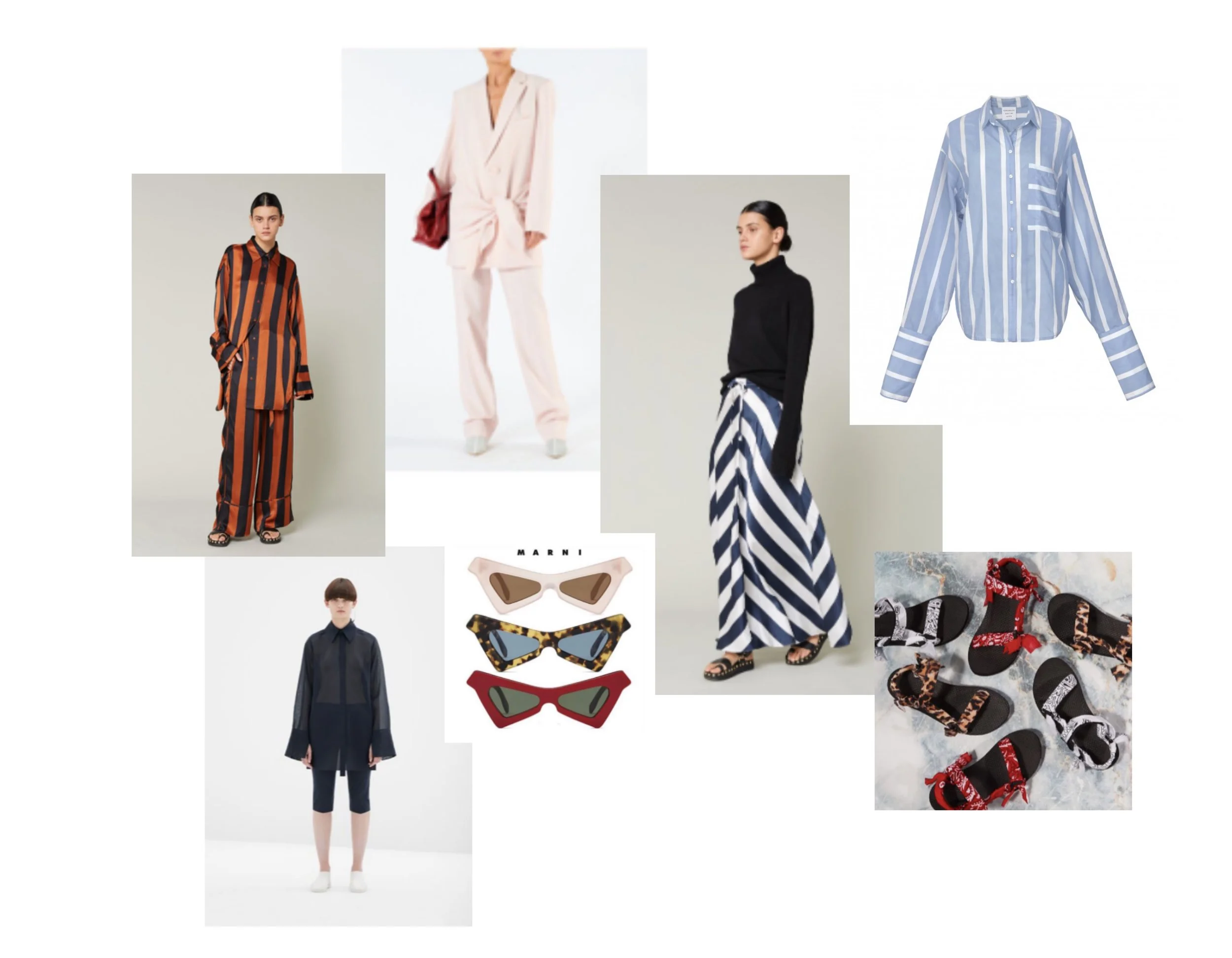 My Summer Edit, clockwise from top: Oversized Shirt and leggings, COS, Coordinates, Lee Mathews, Blazer and Pant, Tibi, black shirt and striped skirt, Lee Mathews, Oversized blouse by Ronnen Chen x MMMWA, Sandals, Arizona LOVE, Sunglasses, Marni #WraptbyChav