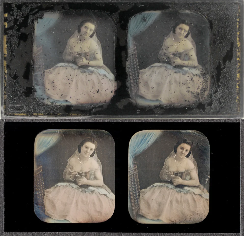 Stereo daguerreotype with deteriorated reverse paint cover glass and new replacement glass
