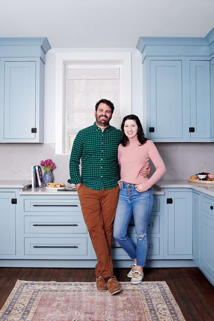 Alex and Michelle in powder blue kitchen by Michelle Gage