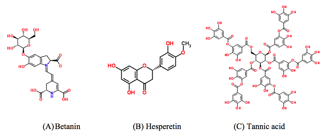 Figure 6. Chemical structures of betanin, hesperetin, and tannic acid.