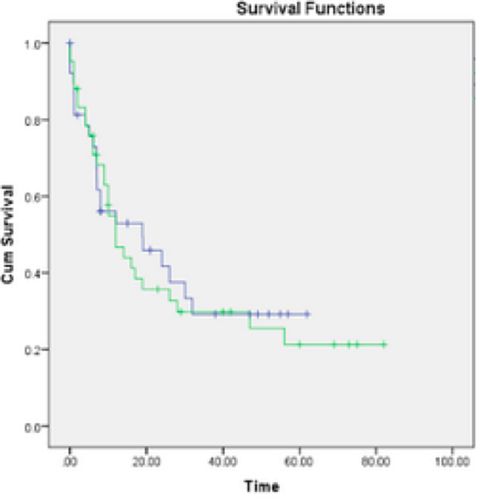 Figure 1. Kaplan Meier curve showing the overall survival of the high expression group (blue) and low expression group (green) of STAT3. The cut-off for expression in this case was 0.5654, with 55 patients in the high and 54 patients in the low expression category. The p-value associated with this graph is 0.774, indicating no statistically significant difference between the high and low treatment groups.