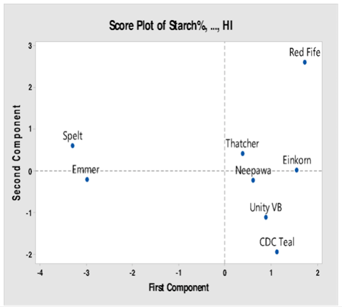 Figure 4. Principal component analyses to group grain nutritional constituents and wheat varieties to study their relationship.