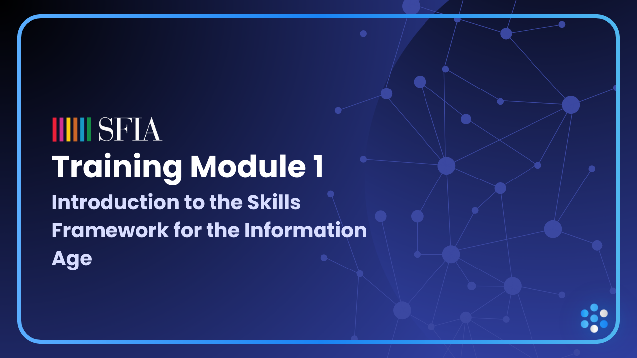 Thumbnail for SFIA training module 1 on a purple background with small white dots