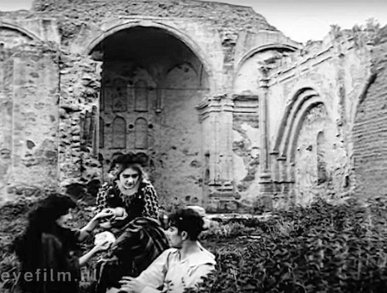A scene from The Two Brothers (1910) shot within the ruins of the Great Stone Church at Mission San Juan Capistrano (Eye Film Institute).