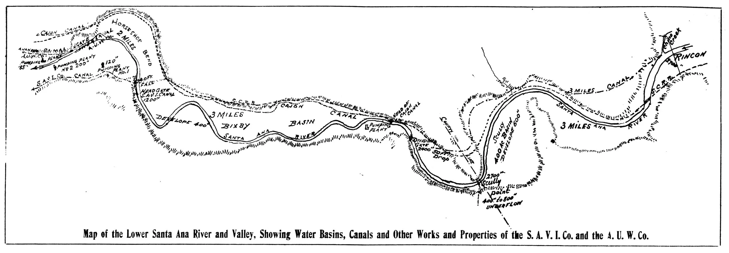  A map of the waterworks on the Santa Ana River from Corona to Anaheim as they existed in 1908 ( Santa Ana Register , October 5, 1908).