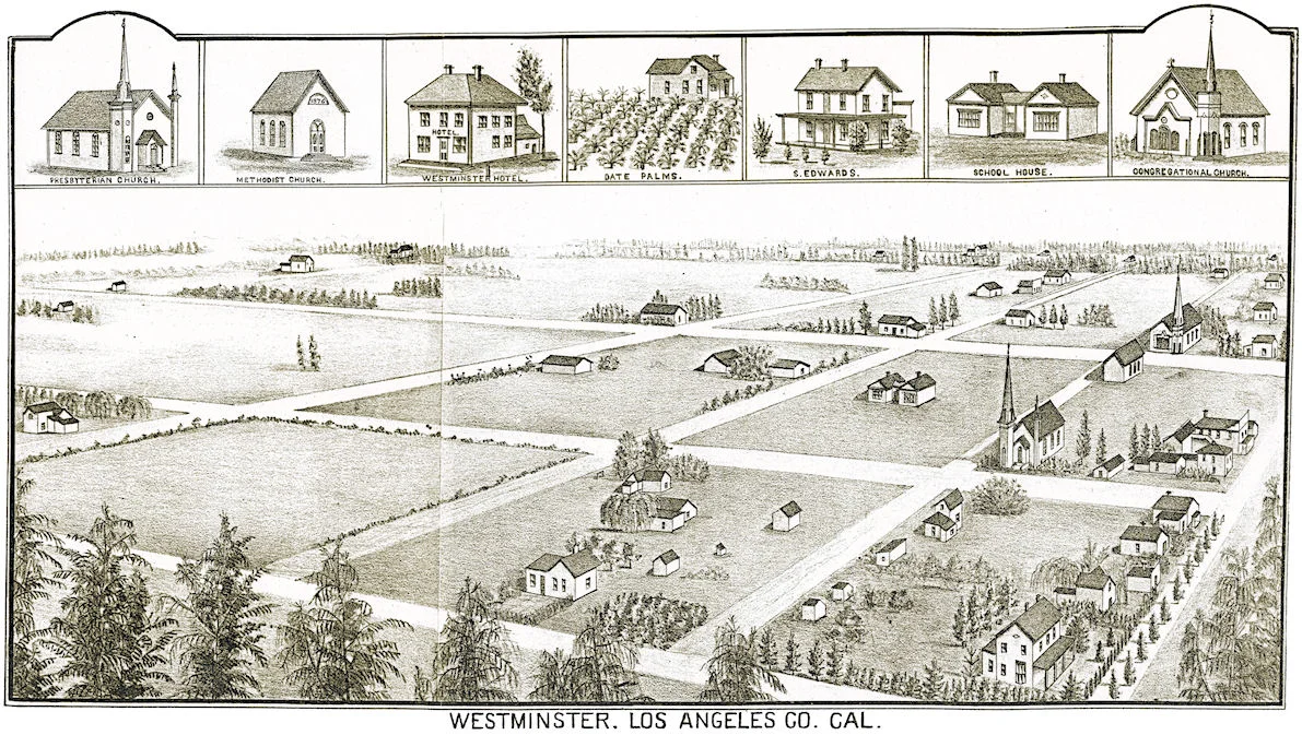 A bird's-eye view of early Westminster, from an 1886 promotional pamphlet (courtesy the Santa Ana Public Library).