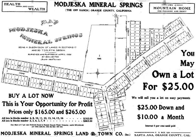 Part of an advertising flier for Modjeska Mineral Springs in Williams Canyon, circa 1909.