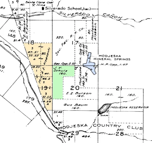 This map from the Plat Book of Orange County (1913) is helpful for understanding the early property ownership in the area. Williams Canyon itself runs generally along the east-west line between sections 17 and 20. Note that much of section 17 was still owned by the Southern Pacific railroad. The old Williams homestead (shown in green) was then owned by J.V. Schulz. The Pleasants ranch is shown in in gold, the diagonal line on the east is the boundary of the Irvine Ranch. The Modjeska Mineral Springs tract is shown in blue. Notice the two small parcels still owned by the Opps.