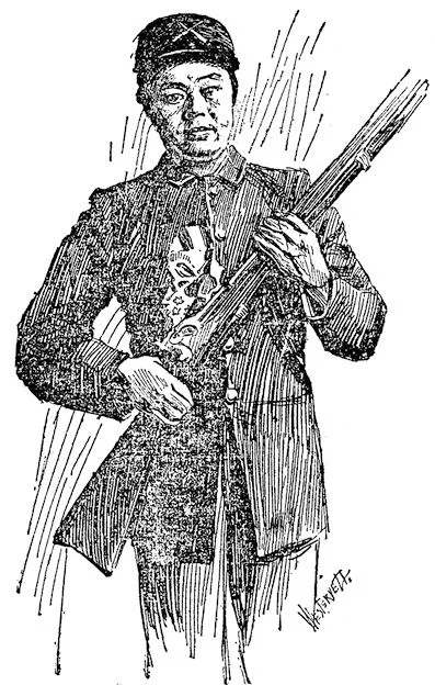 This sketch of Ong Q. Tow in his military uniform was part of newspaper feature story that ran nationwide in 1898. (Reprinted in the Santa Ana Register , Sept. 13, 1940)