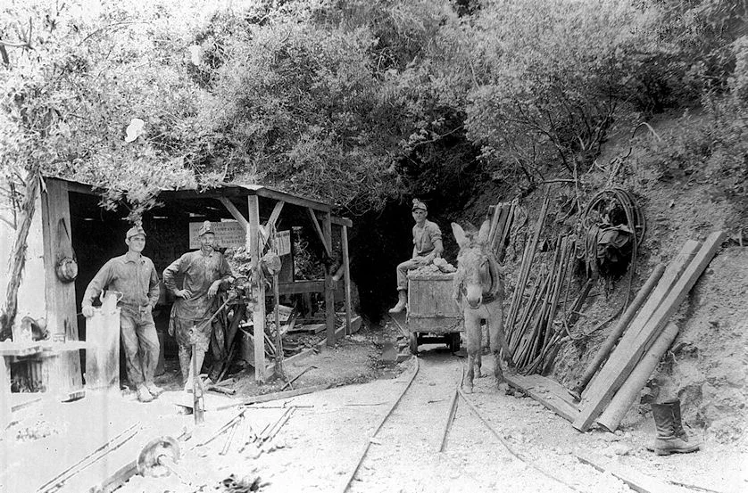 Working the Blue Light Mine, circa 1930. Longtime superintendent Orville Pember is shown in the center (courtesy the Orange County Archives).