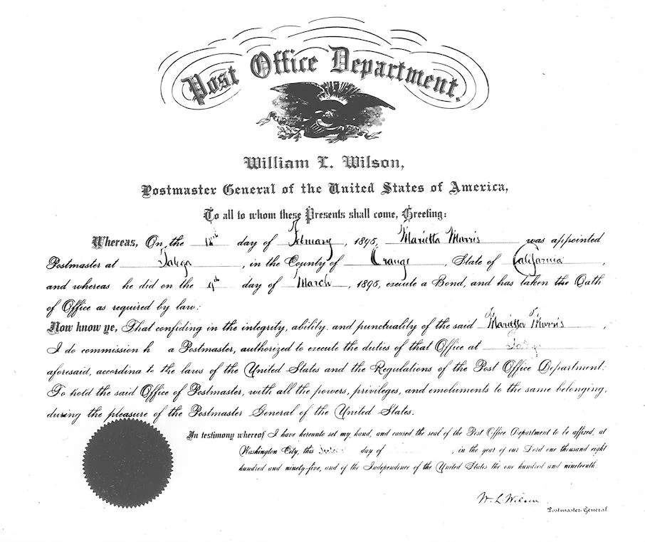 Murietta Morris’ official appointment as postmaster of Talega, 1895.