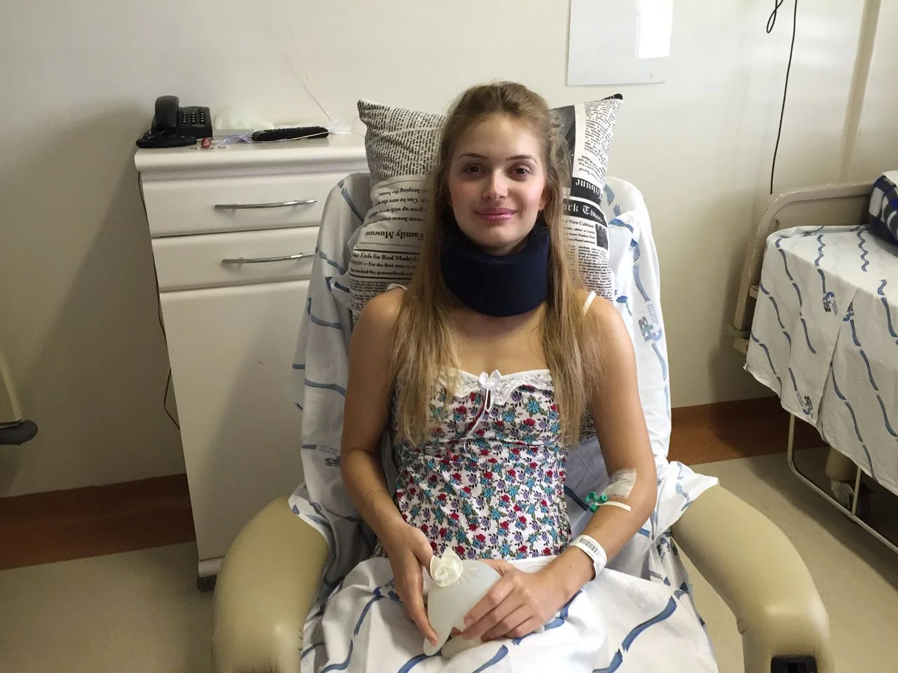 At the hospital during her recovery and wearing a NECK-BRACE- marcelle regained her strength bit-by-bit, day-by-day with a determination to not let her new circumstances prevent her from doing what she had set out in her heart to do. 