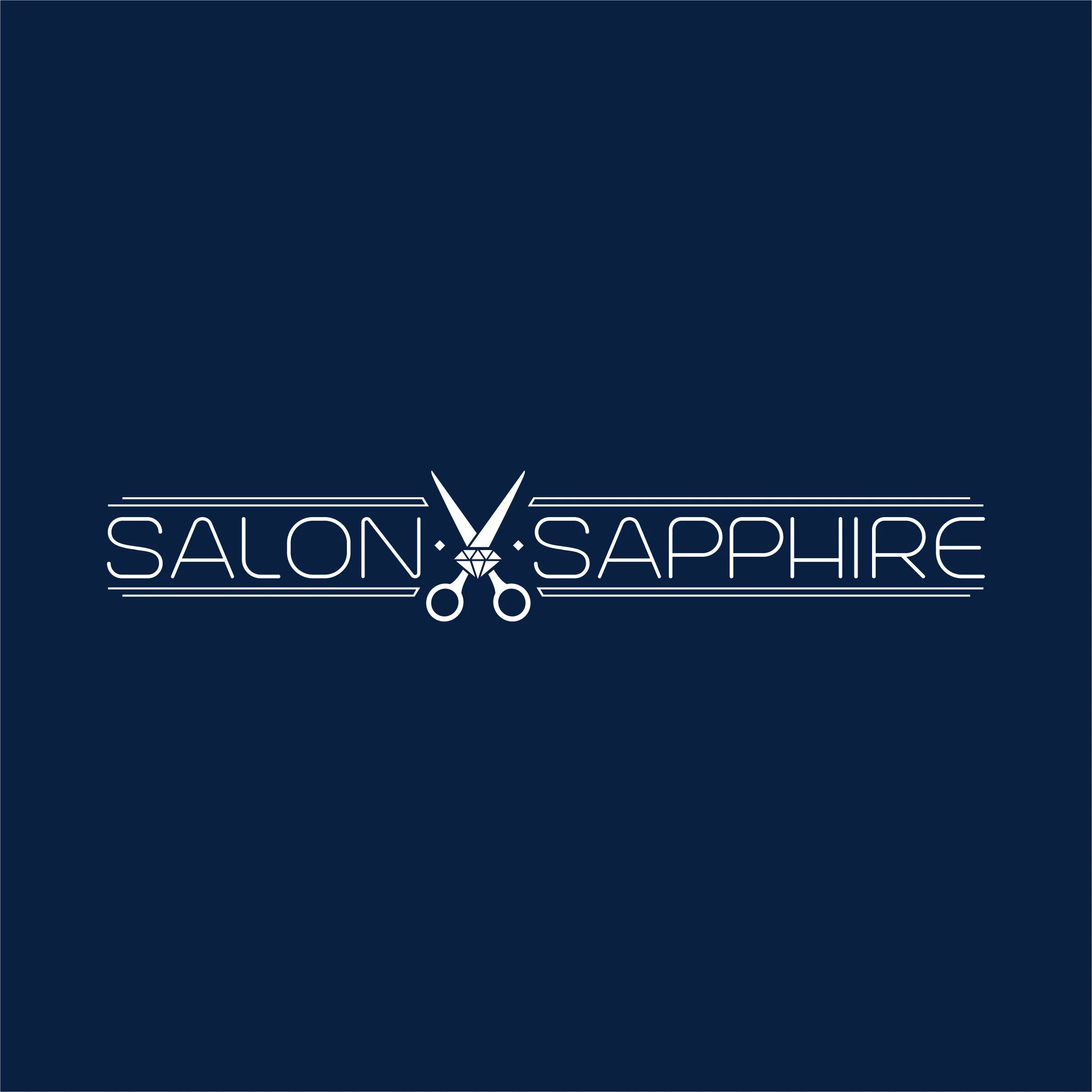 salon sapphire in clarendon hills illinois 60514 logo with dark blue backgroundand scissors with diamond in middle and words salon sapphire on either side all framed by double lines at top and bottom