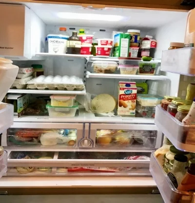 My fridge currently. I shop a few times a week so it’s never overflowing. And my son loves cream cheese =)