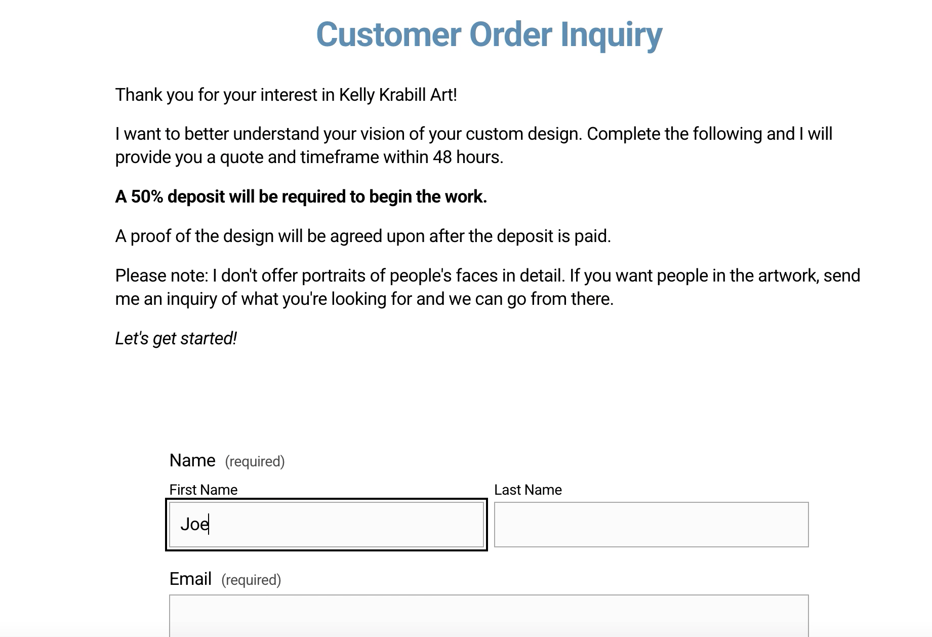 How to fill out my customer art inquiry form