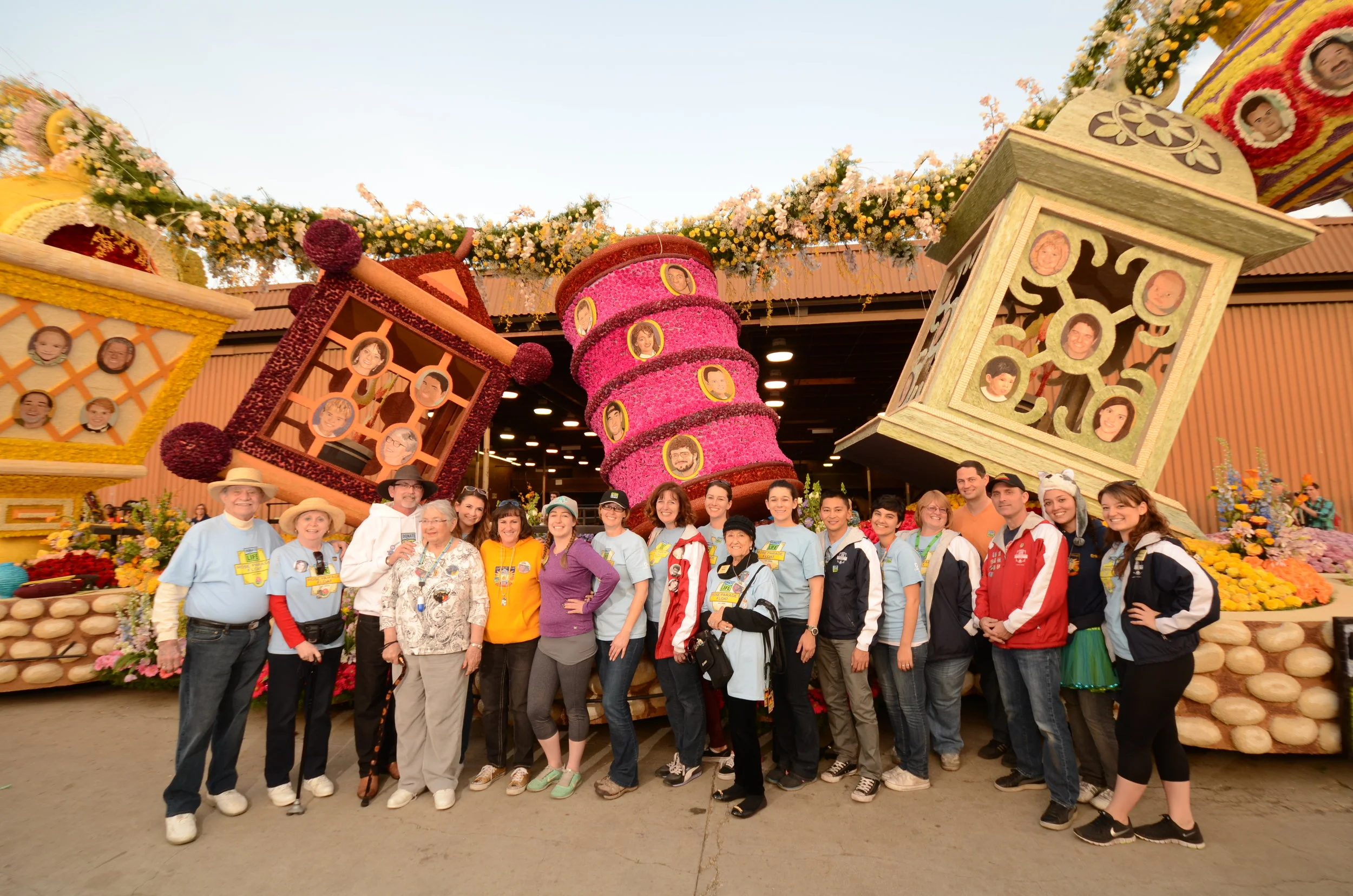 The completion of Donate Life's eleventh float was celebrated by members of OneLegacy's Communications team, family and friends: Gary & Lois Foxen, Craig, Norma, Nicole & Kathleen Hostert, Lacey Wood, Iva Cook, Lynne & Katherine Frutchey, Judy Smith, Monica Padlo, Ryan Mangindaan, Monica Ramirez, Pam DeVoe Charron, Unknown, Bryan Stewart, Erika Ospina Awad, and Christina Courtney. (Photo: Scott Weersing)