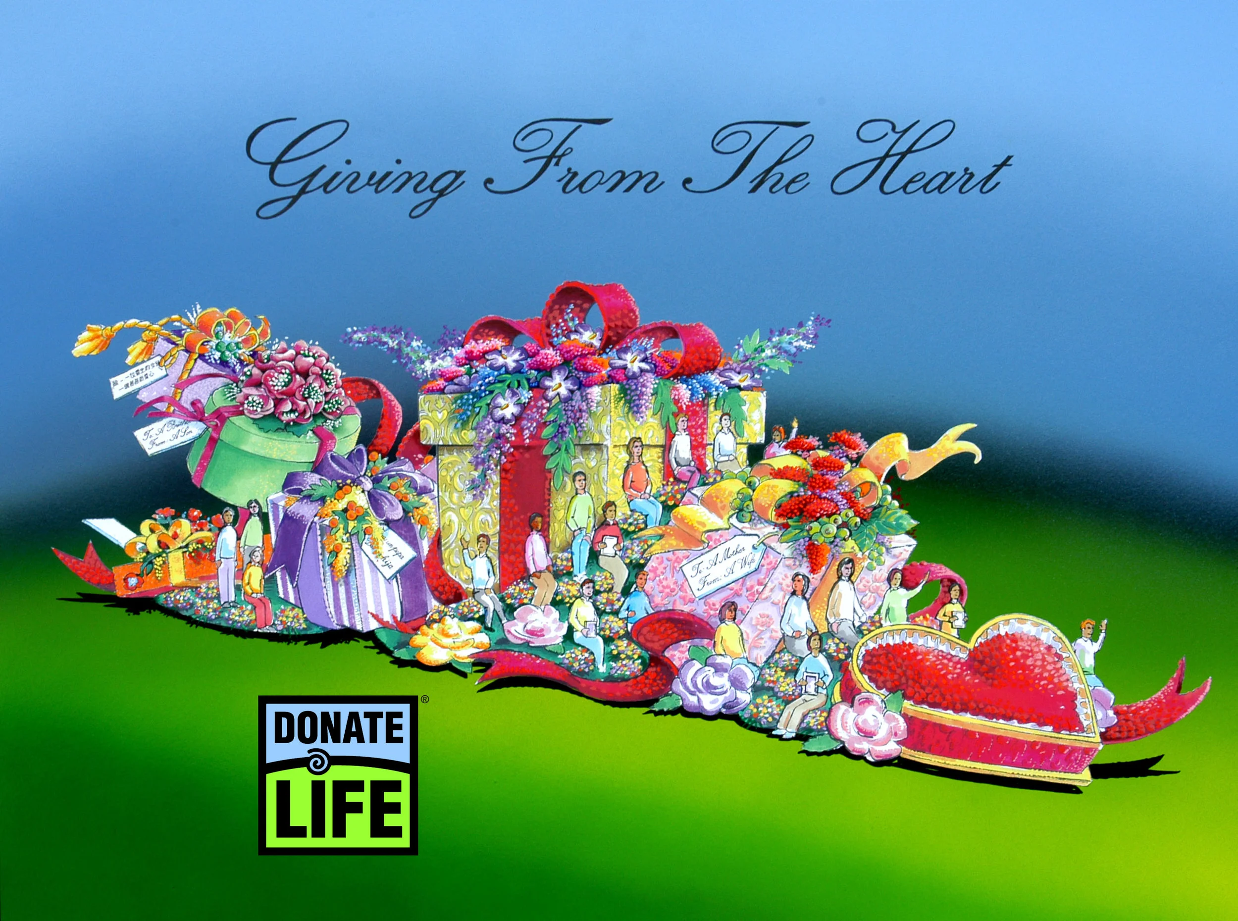 The 2007 Donate Life entry "Giving from the Heart" interpreted the naturalistic Rose Parade theme "Our Good Nature" through a humanistic lens, dramatized by a contingent composed entirely of donor family members and living donors. (Conceptual rendering by Dave Pittman)