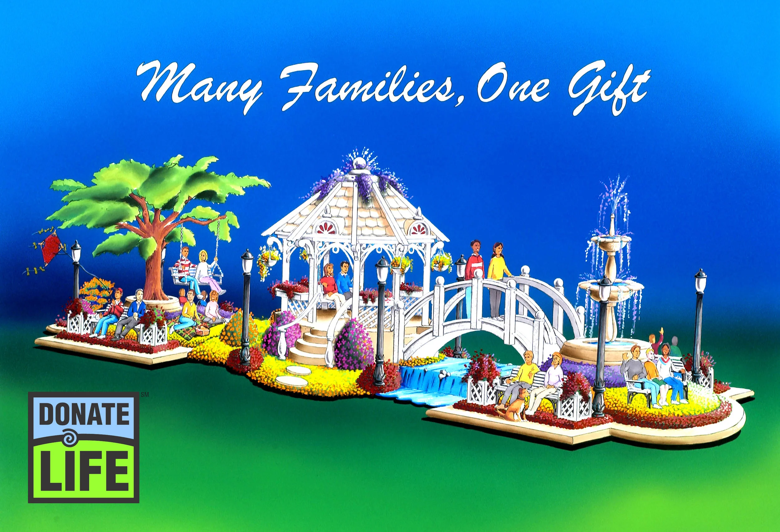 Inspired by the 2005 Rose Parade theme "Celebrate Family," Donate Life's second float entry, "Many Families, One Gift," featured ten paired riders and a trio bonded by blood or a living donor transplant. (Conceptual rendering by Dave Pittman)
