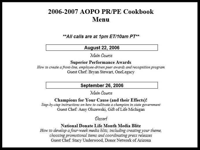 The program was launched with a yearlong "Menu" of topics, with a featured "Main Course." If time allowed, a short-subject "Dessert" was offered as well.