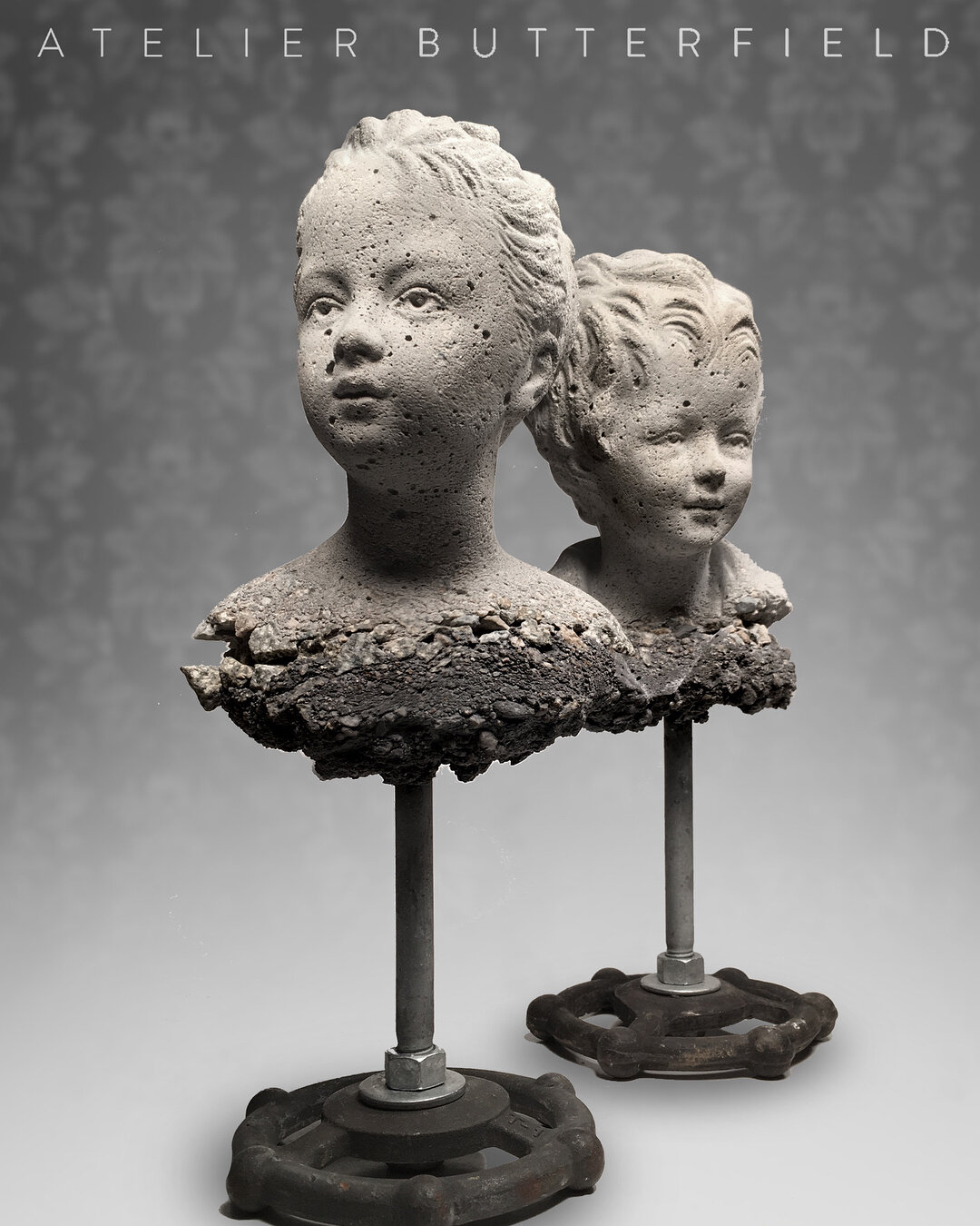 Pair of vintage style French children busts in an&nbsp;Industrial Chic execution: two-tone pigmented concrete with a distressed finish and exposed aggregate. Vintage cast iron industrial valve handle pedestals.
*
*
*
*
*
*
*
#industrialart #Industria