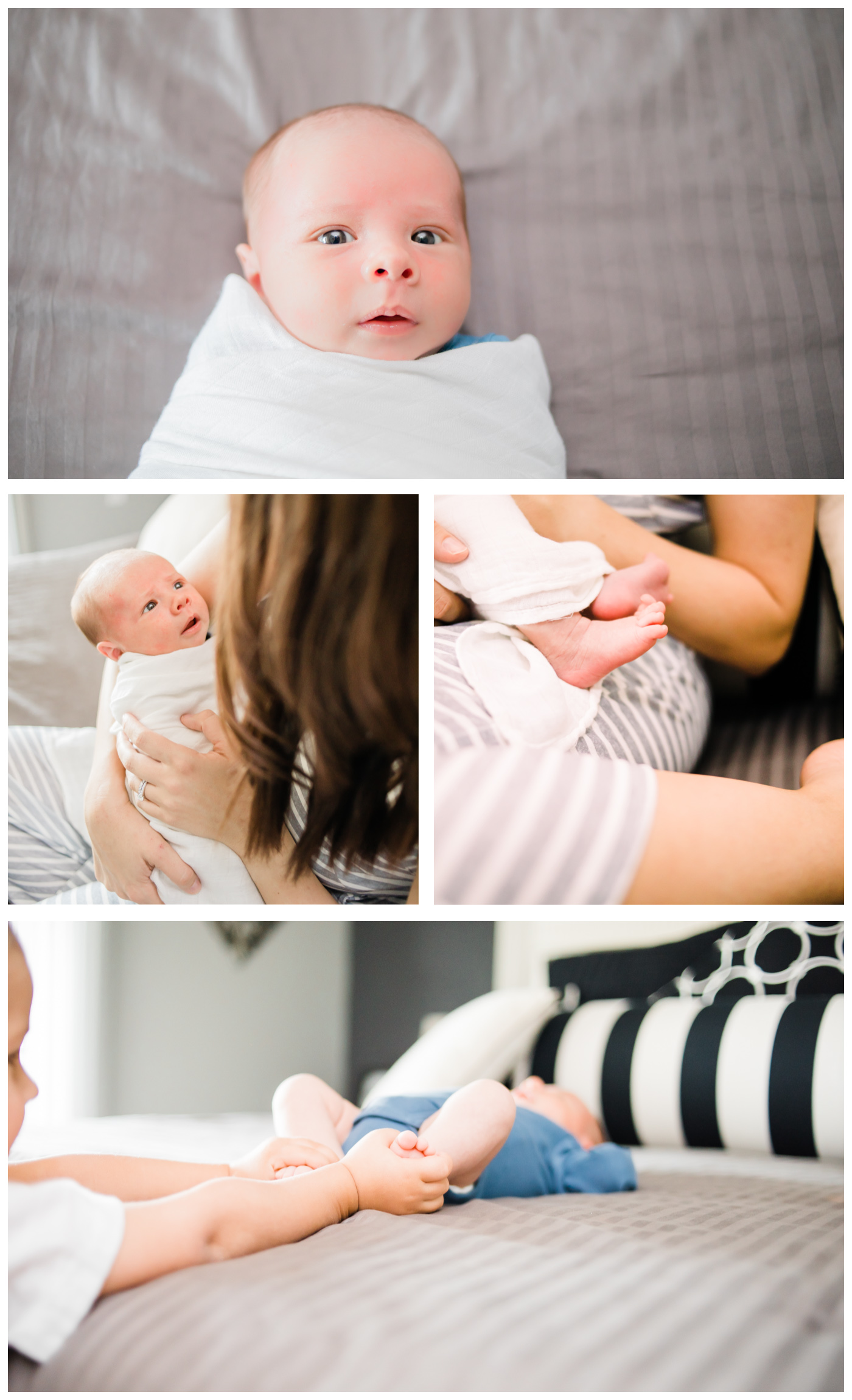 newborn lifestyle collage, grey, white and blue