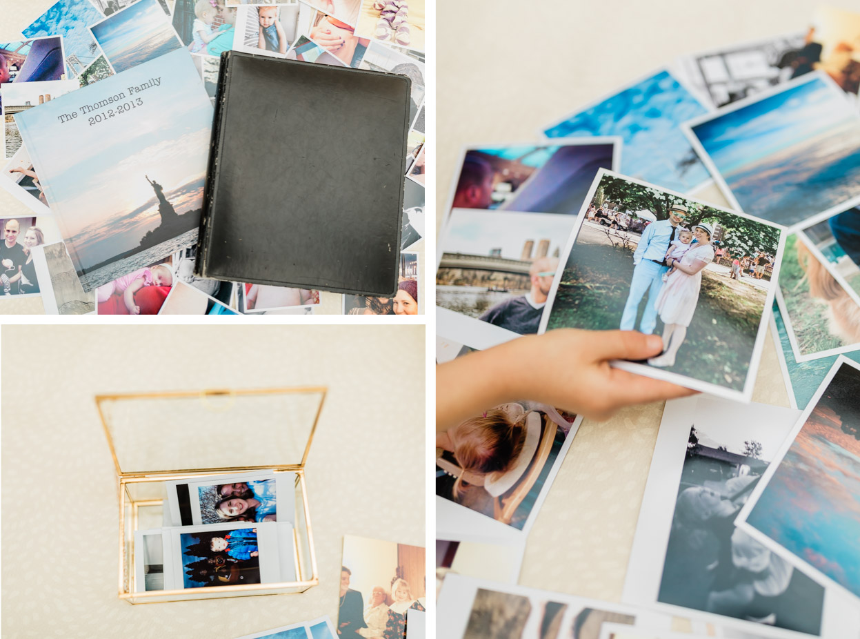 collage of flat lays of photos and print products
