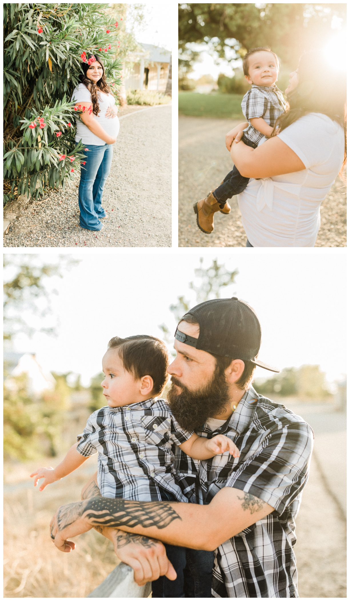 collage of images from Fresno maternity photos. pregnant woman wearing white top and jeans. Tattooed husband wearing black flannel.