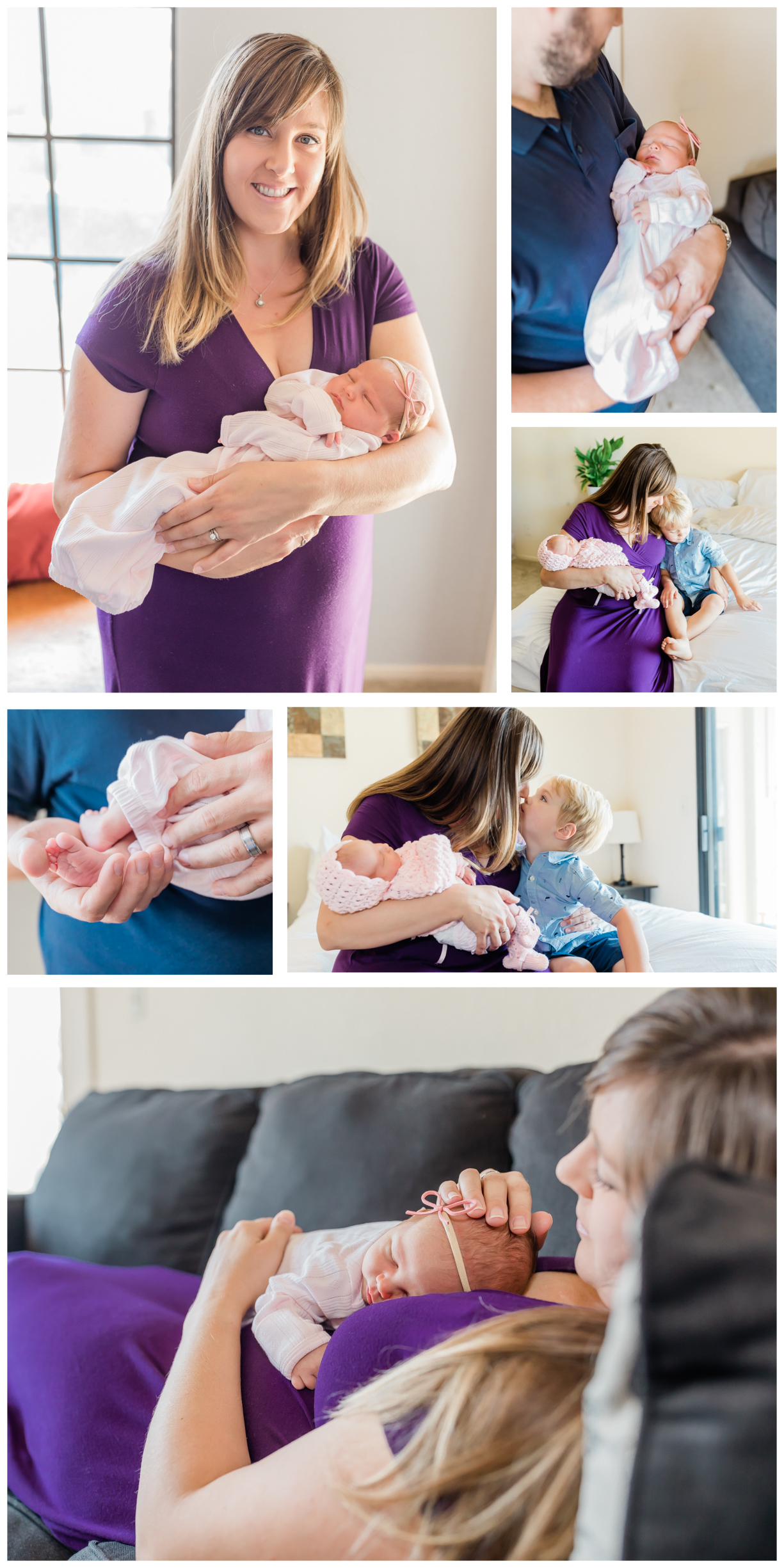 collage of photos from an in home newborn lifestyle session. Mom is wearing a purple dress, baby is dressed in pink and brother is in blue