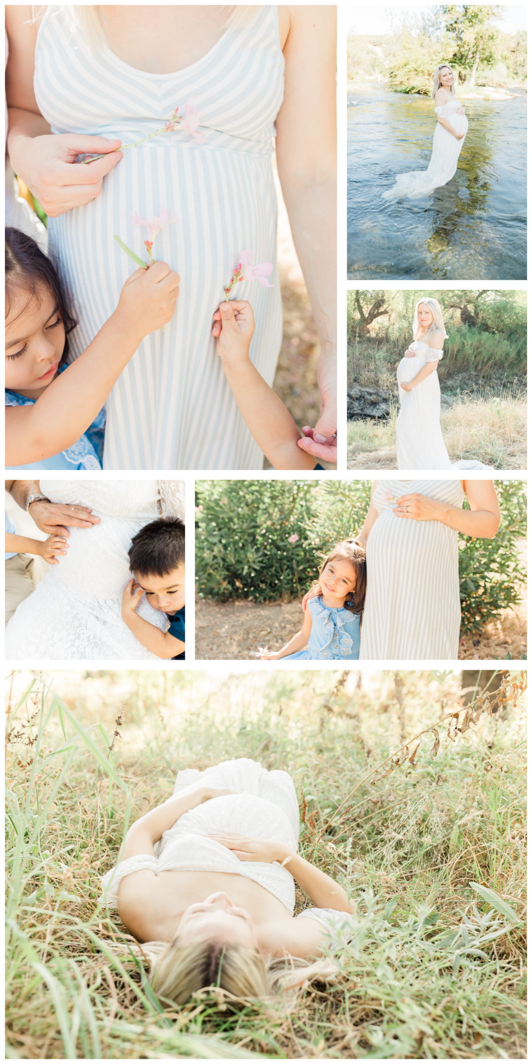collage of maternity photos. Mother is wearing white and a blue and white striped dress.