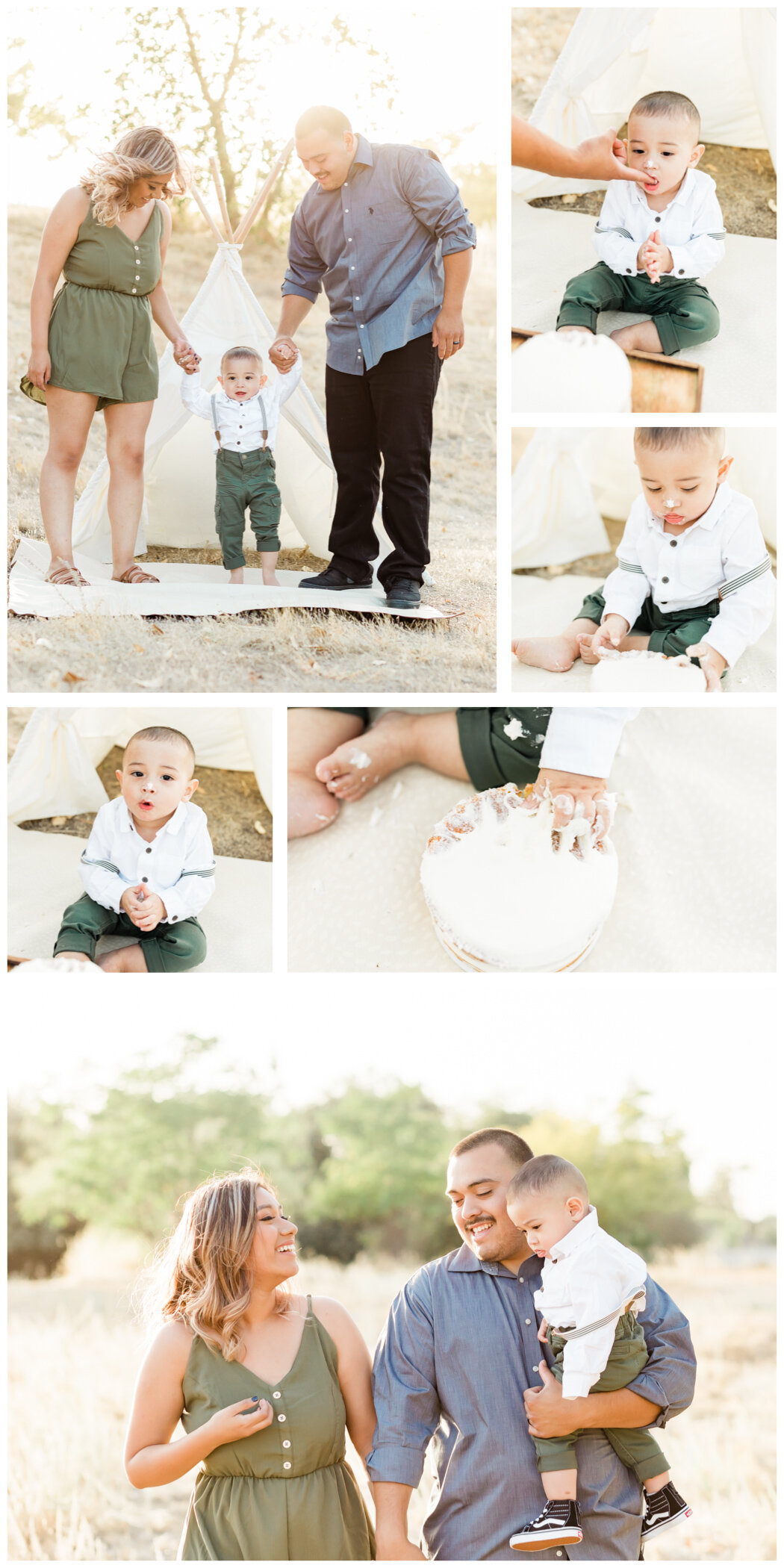 Collage of photos from one year old boy cake smash photo session.