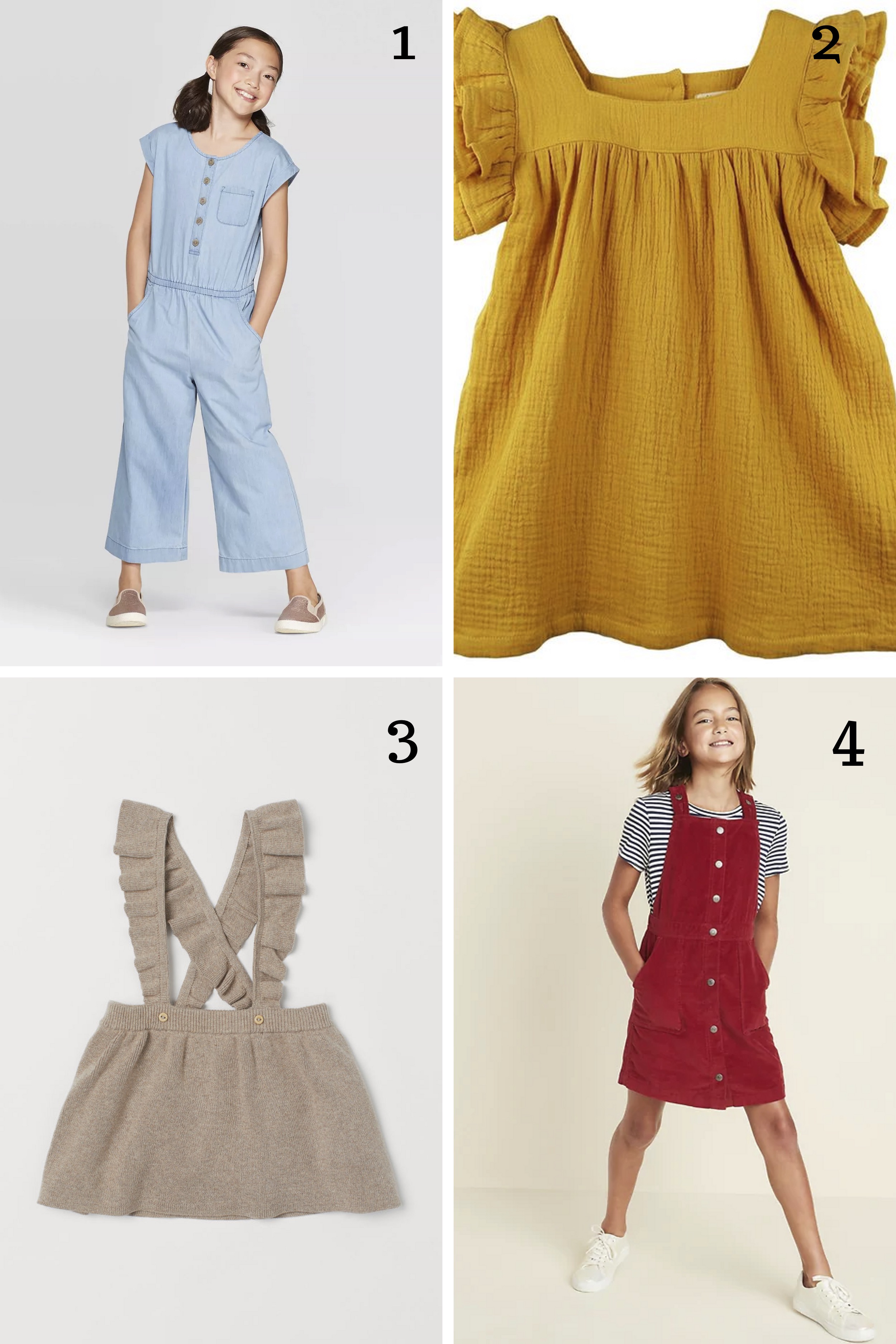 1. Girls chambray jumpsuit || 2. Frill sleeve dress || 3. Knit Skirt || 4. Corduroy skirtall