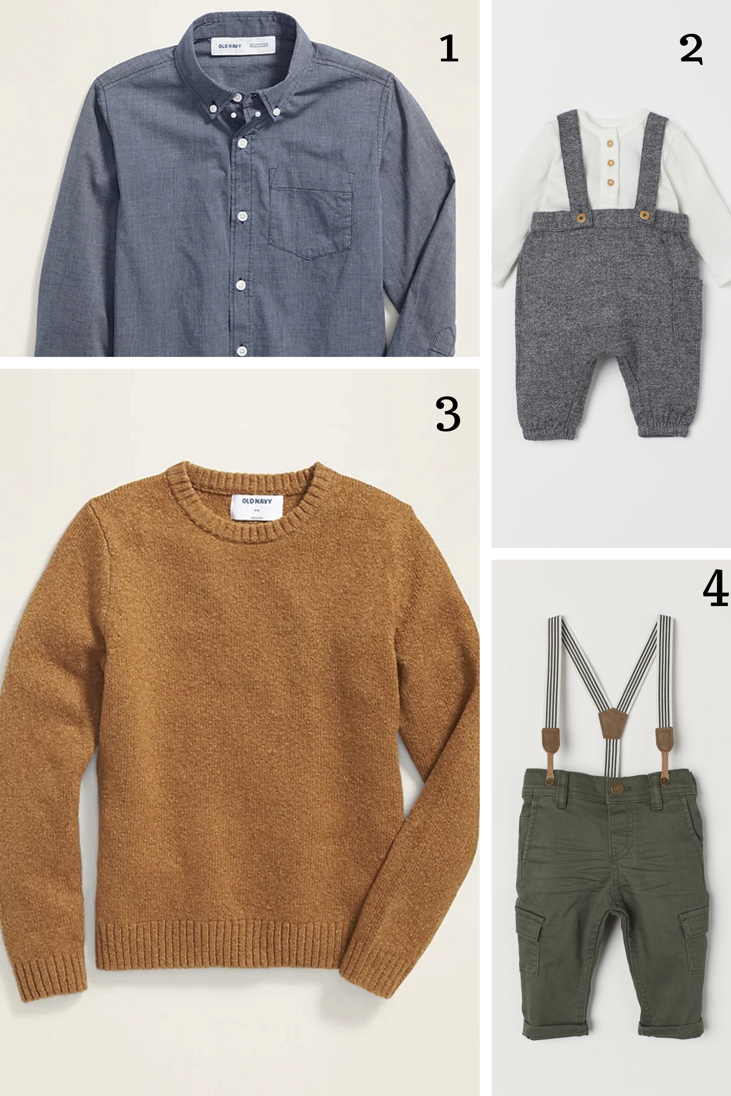 1. Chambray button up || 2. Shirt and overalls || 3. Crew neck sweater || 4. Twill pants with suspenders
