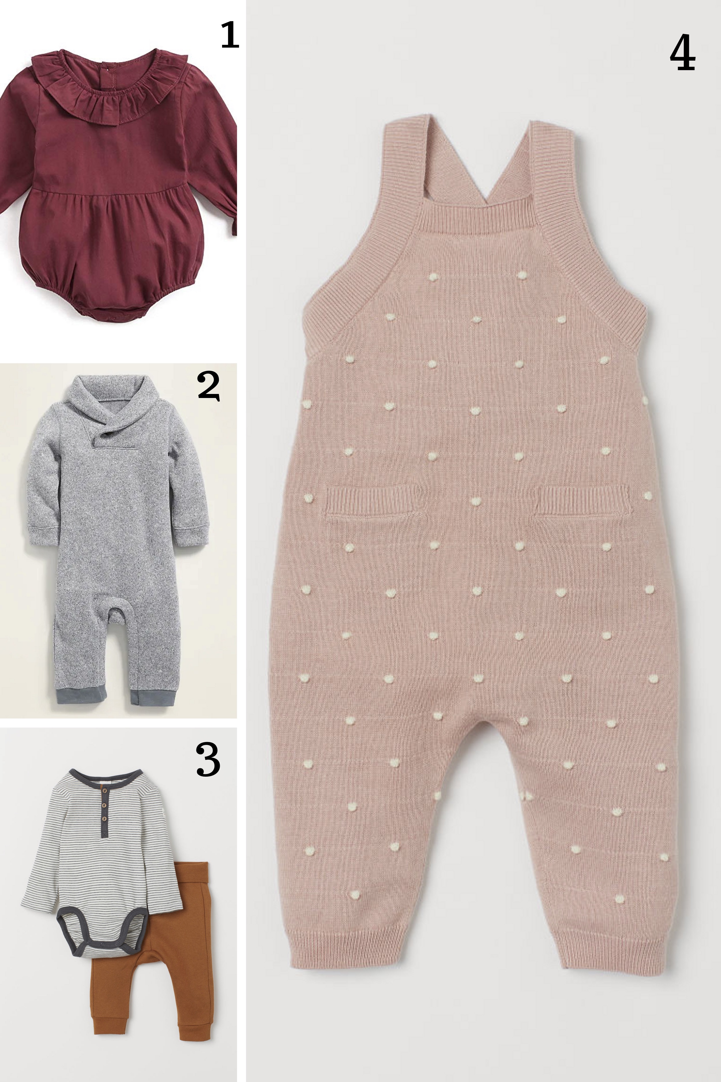 1. Ruffle romper || 2. Shawl collar one piece || 3. Body suit and pants || 4. Knit overalls