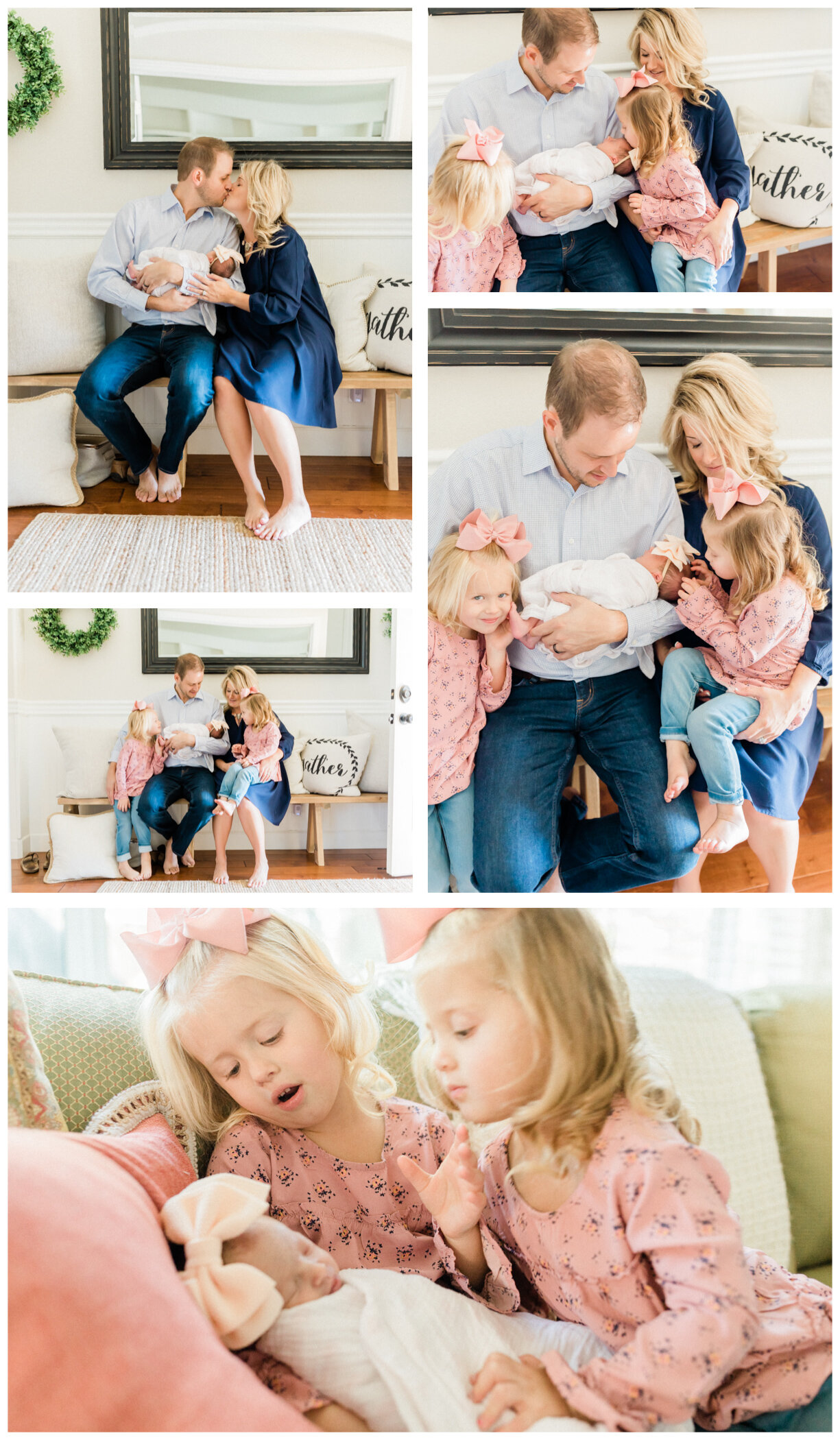 collage of newborn photos, family is wearing navy, pink and white