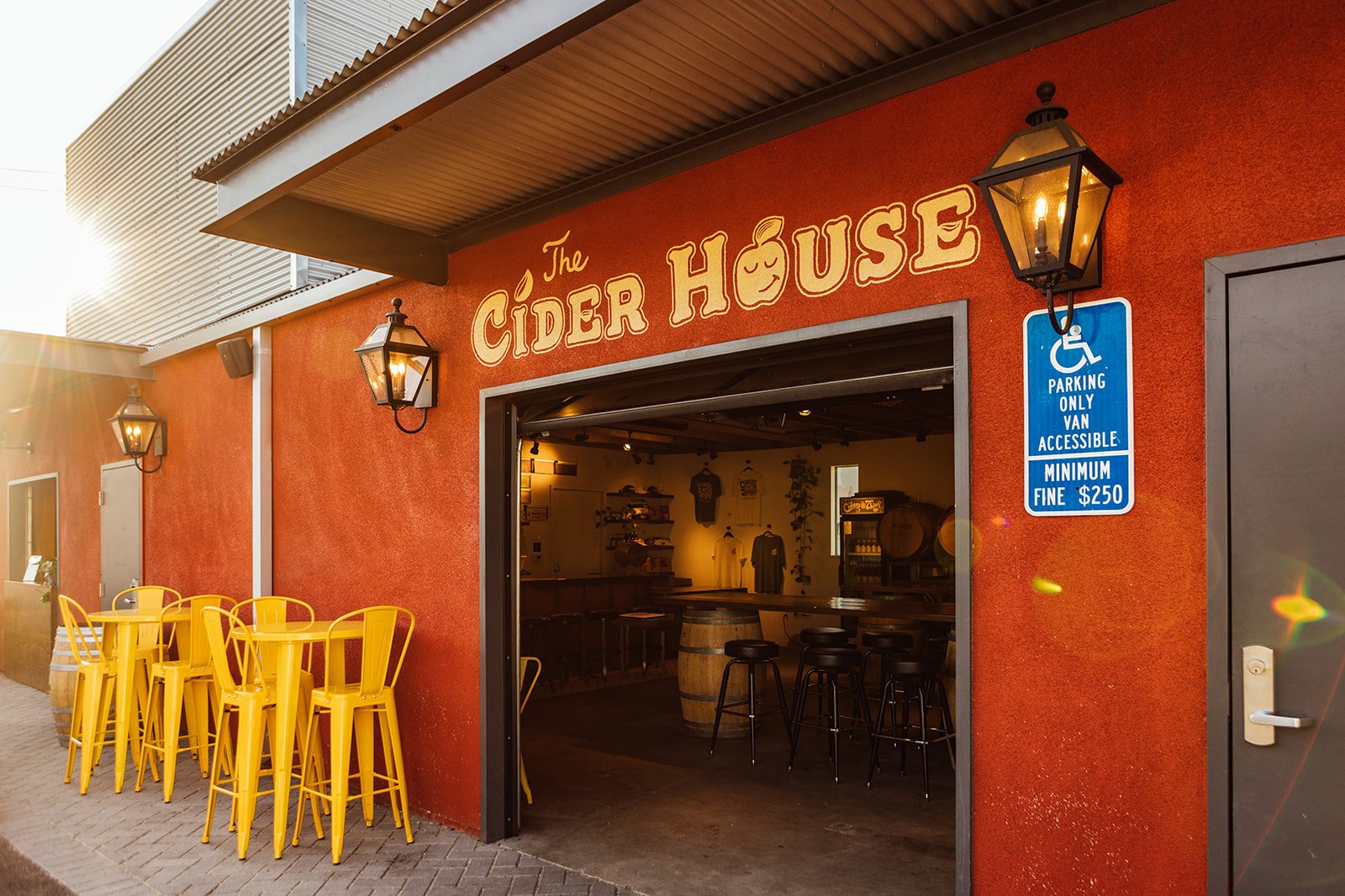 The cider house signage above the garage door