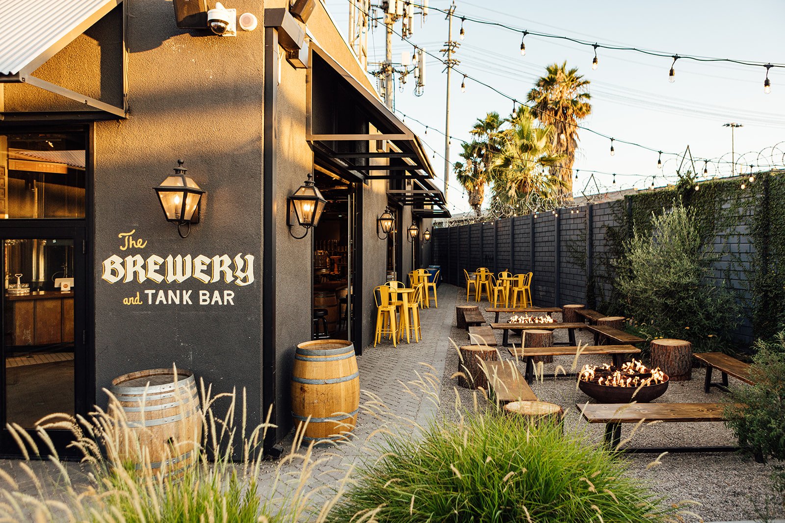 The brewery signage next to the fire pits