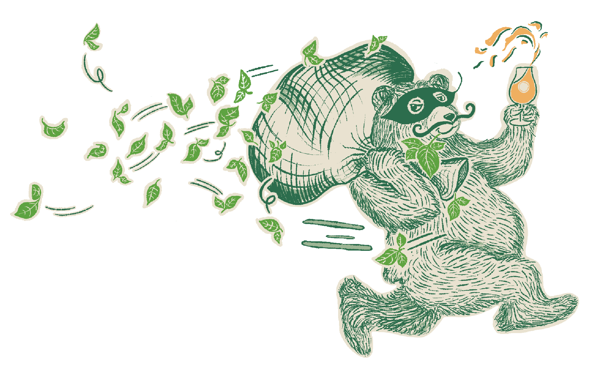 A bear with a mustache running away with a bag of leaves and a beer
