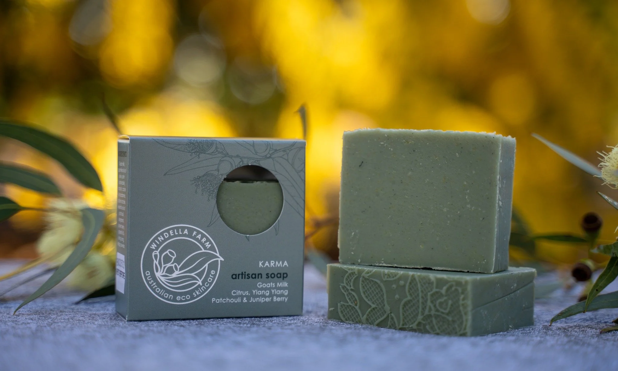 Karma is coming for you! This signature goats milk soap has had a revamp &amp; is back in stock. Now with a gorgeous blue-green hue throughout &amp; pretty patterned top, but with the same gorgeous citrus floral scent blend that everyone loves. We do