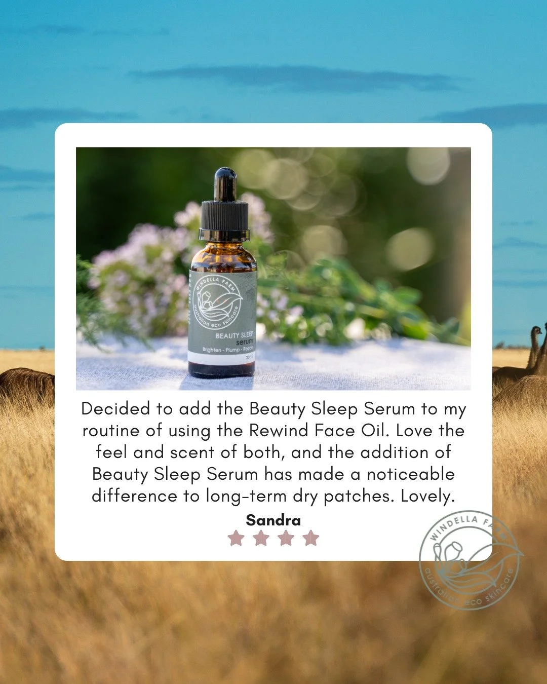 Layering done right.

Sandra added the Beauty Sleep Serum to her Rewind Face Oil evening routine and noticed a real difference to long term dry patches. Simple, nourishing, effective. We love hearing how these products work for you.

#windellafarm
#a