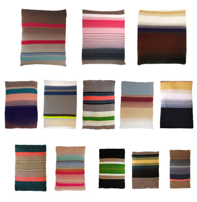 Made by manually composing colour compositions of cashmere, merino, silk, cotton/silk, angora and alpaca yarns.