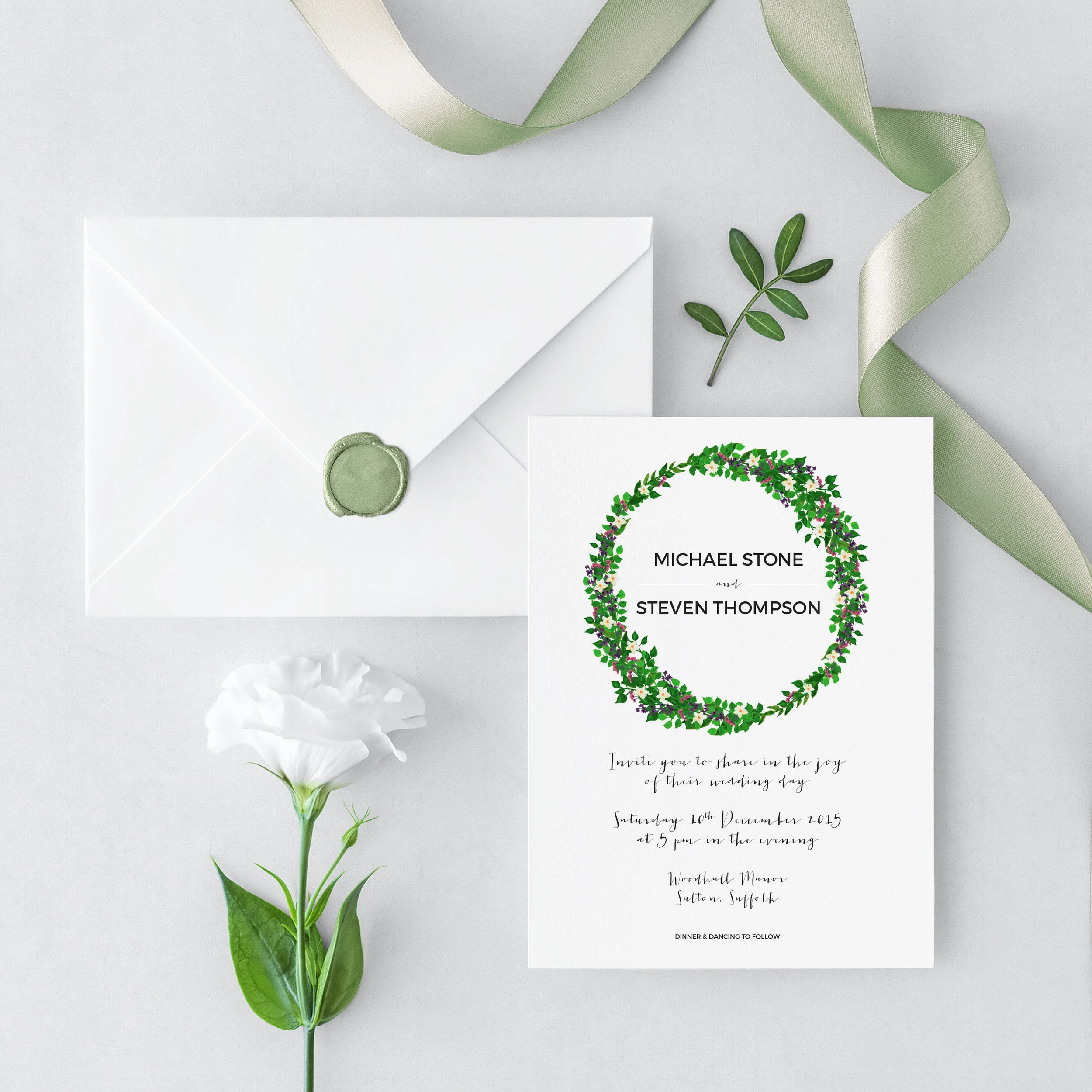 Pink, Purple and White Floral Wreath Invitation Set