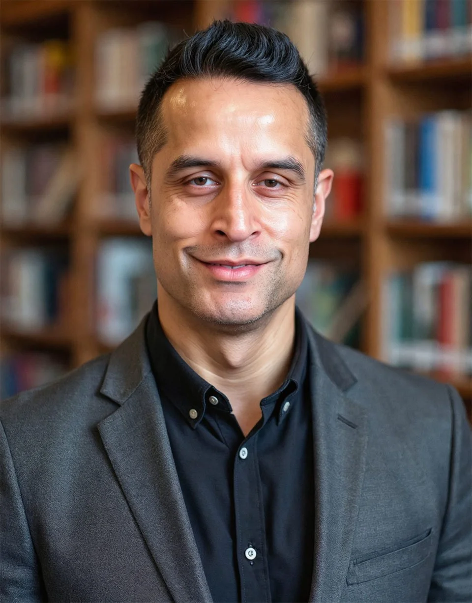 Headshot Kash Haroon in a suit, smiling, with a bookshelf in the background.