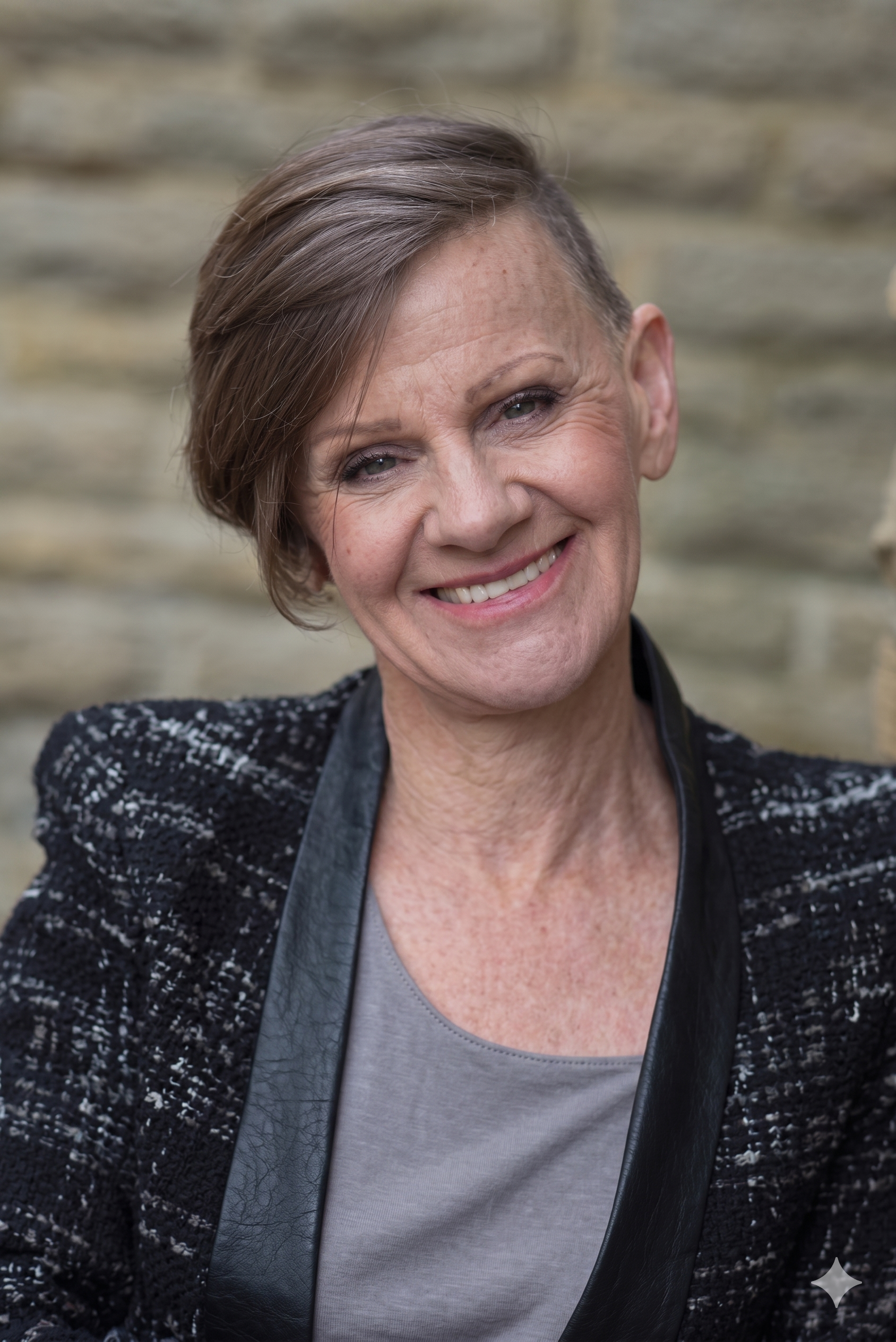 A close-up portrait of Christine Simms smiling, with short brown hair, wearing a black and white patterned jacket and a grey top, standing outdoors with a blurred stone wall background.
