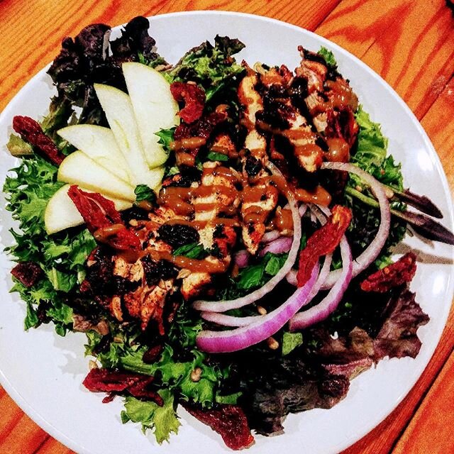 Bbq spiced grilled chicken summer salad. Indgredients included sunflower seeds redonion lemon flavored apples basil sundried tomatoes + a golden sweet raisen vinegarette will be our lunch special with Brookland Eats