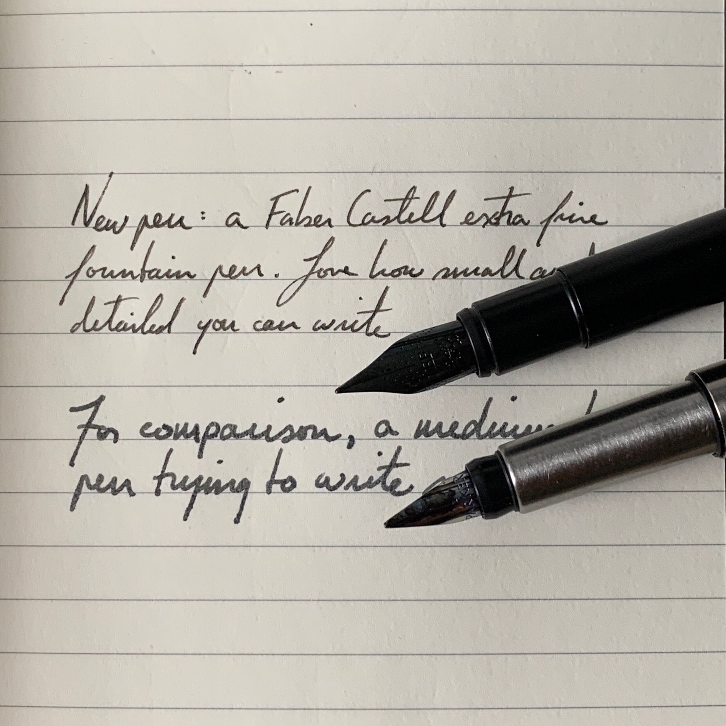 The extra fine tip of the Faber-Castell compared to the medium tip of the Parker I was using before