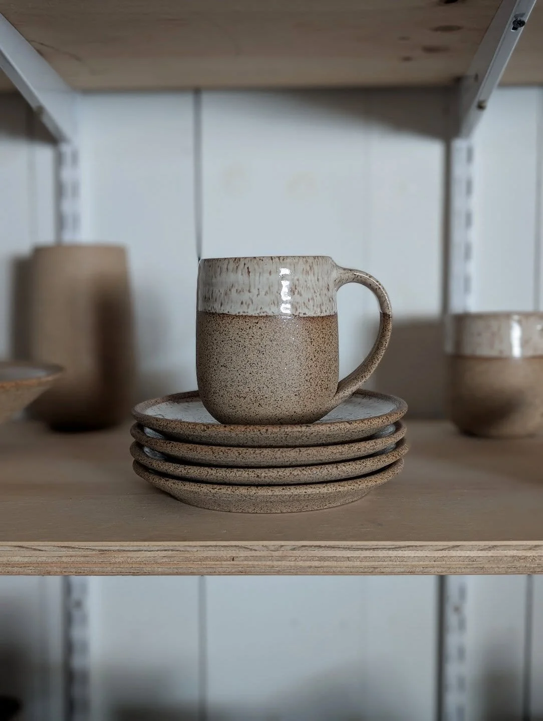 Exciting day here .  I just unloaded speckled side plates and I'm very happy with them.  I use two clay bodies in my studio.  A dark brown (with red notes) and this speckled clay (that can be toasty). The two clays work well for different types of po