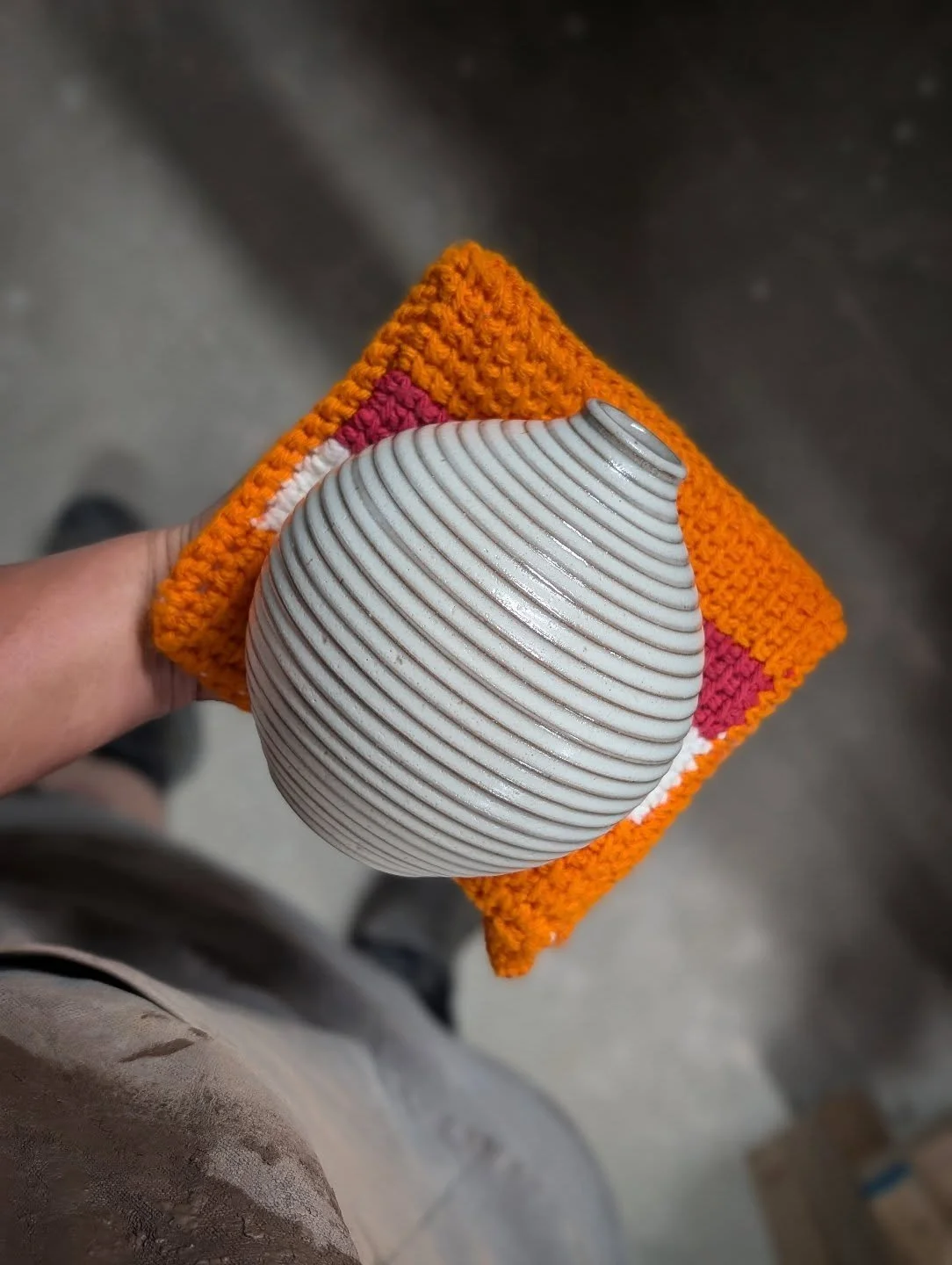 These stripes were originally only for platters, then bowls, then they were vertical on vases and now they are horizontal.  It really boggles my mind how inefficient the process can be.  Like, let's just do it all at once, let's not wait four years t