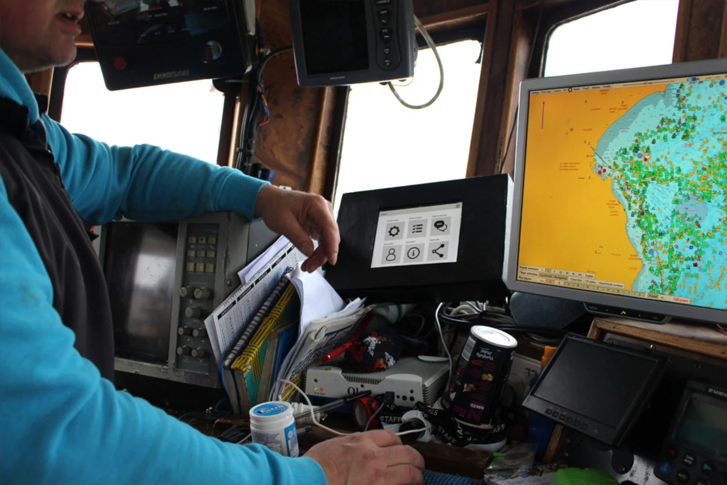 Digital prototype of sustainable fishing product being tested by fishemen on a boat. Links to Pisces project.jpg