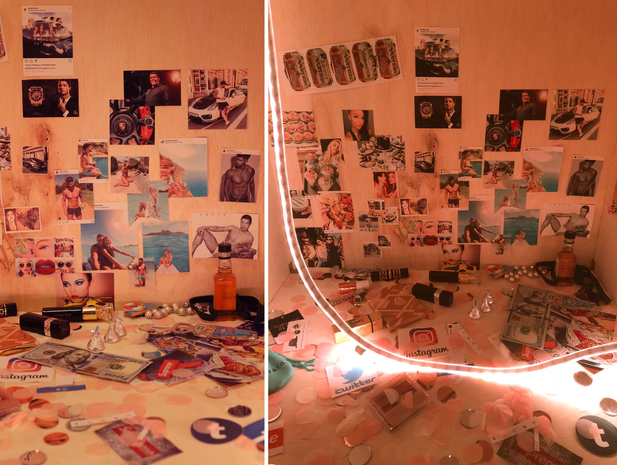 Materials used include: neo-pixels, ultrasonic sensor, ply wood, glass mirror, cosmetic make-ups, jewelries, alcohol bottle, chocolates, paper bill, printed instagram collages, social media stickers, fridge magnets, wedding confetti, tiny mirror pieces, mini car model, brand labels and packages.
