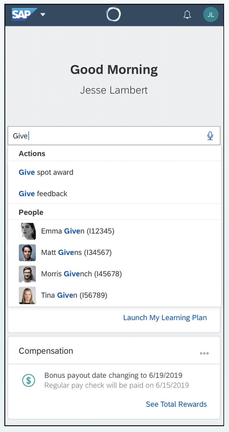 User search for Give Award action